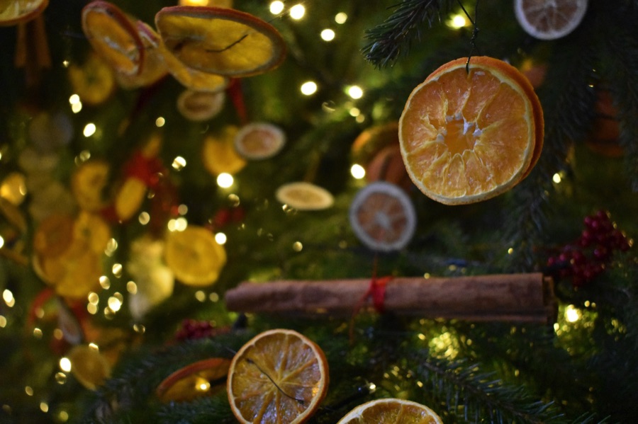 Orange slices and cinnamon sticks on a Christmas tree